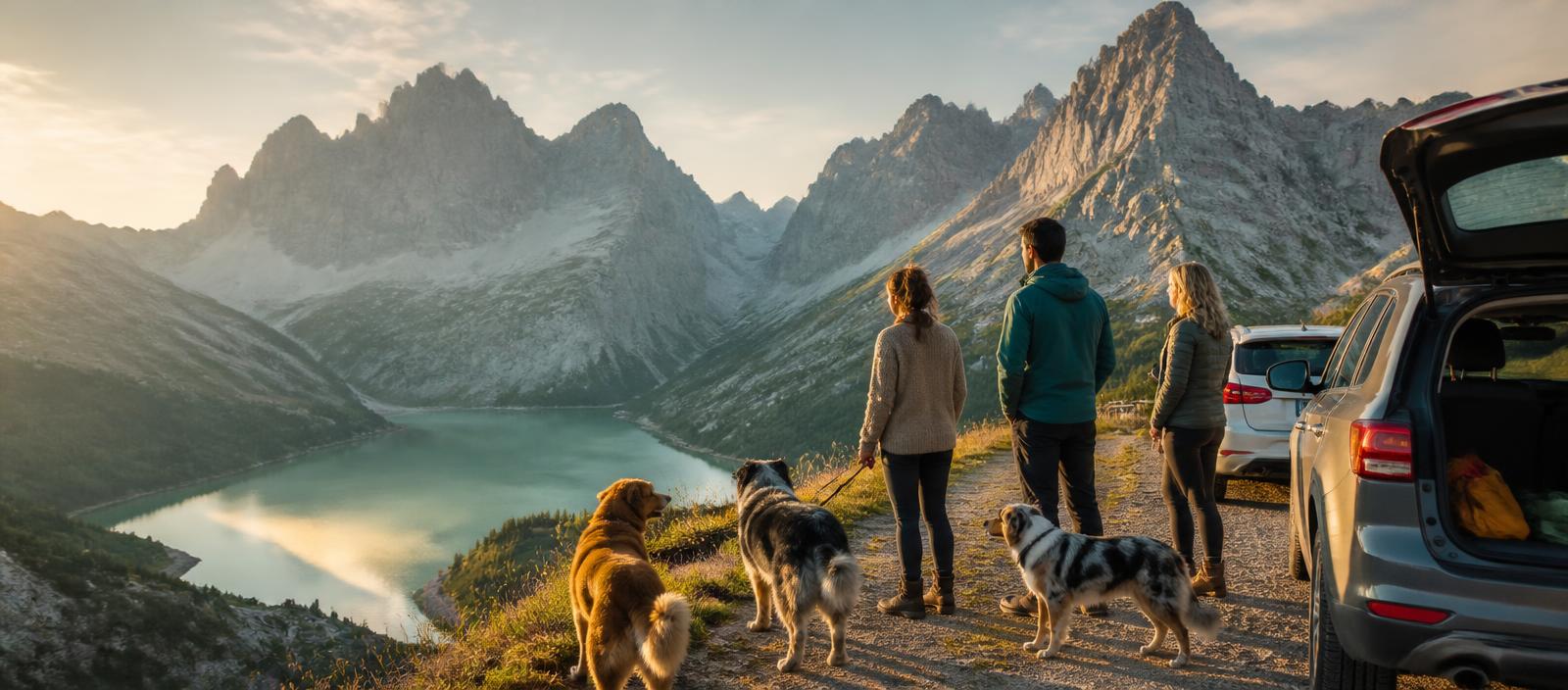 Familias viajeras con sus perros ante un lago alpino en los Dolomitas