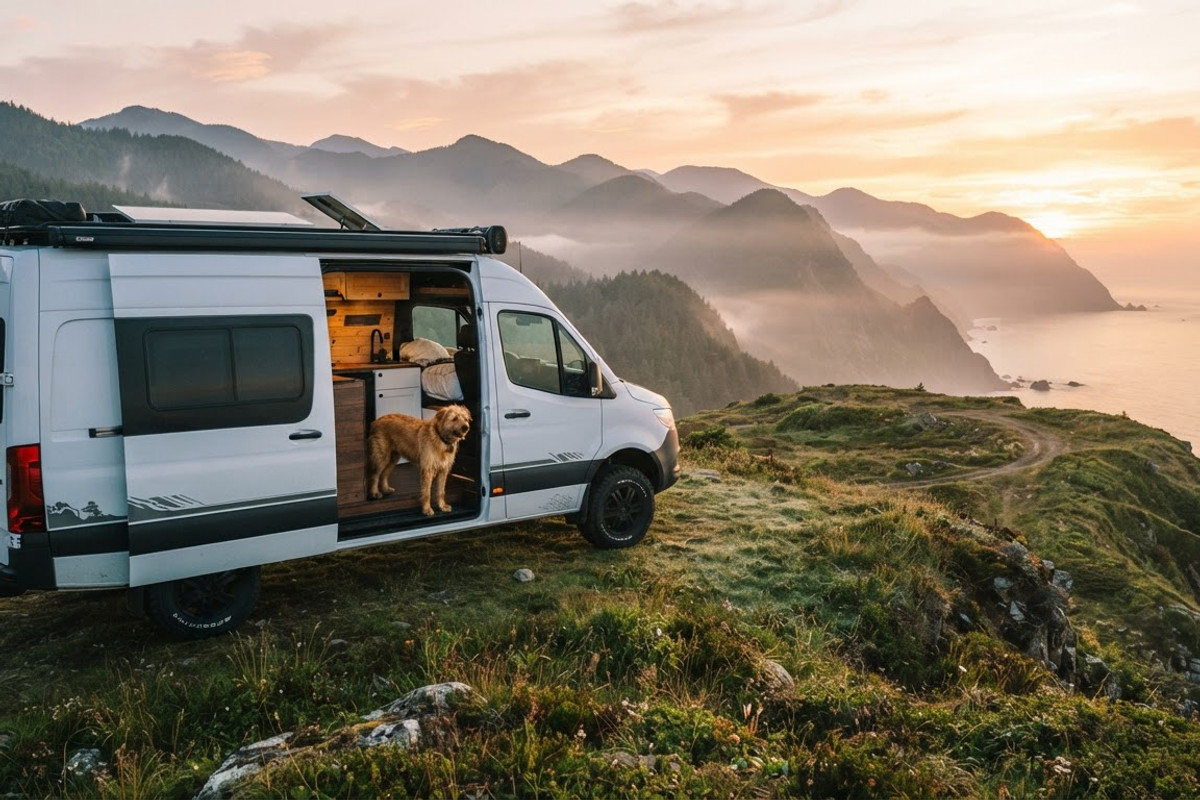 Furgoneta camper al amanecer con un perro asomando por la puerta